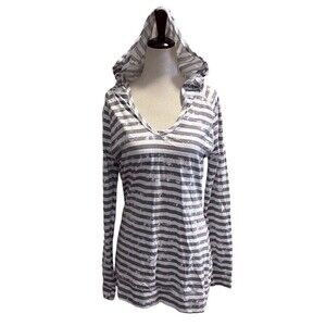 SOYBU PULLOVER LARGE GRAY TONE AND WHITE STRIPED LONG SLEEVE HOODIE WOMENS